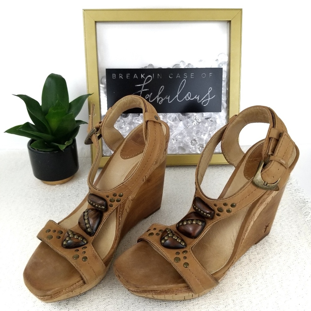 Frye light brown and oak wooden wedge heels